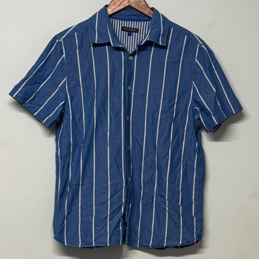 Vince Camuto Blue White Vertical Stripe Short Sleeve Button Down Casual Shirt - Picture 2 of 6